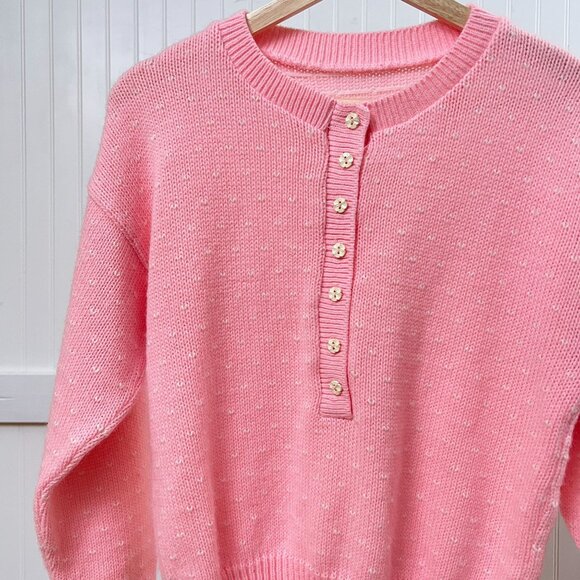 Vintage Bubblegum Pink Crochet Knit Button Down Flowers Sweater Heart Pattern - Picture 1 of 9